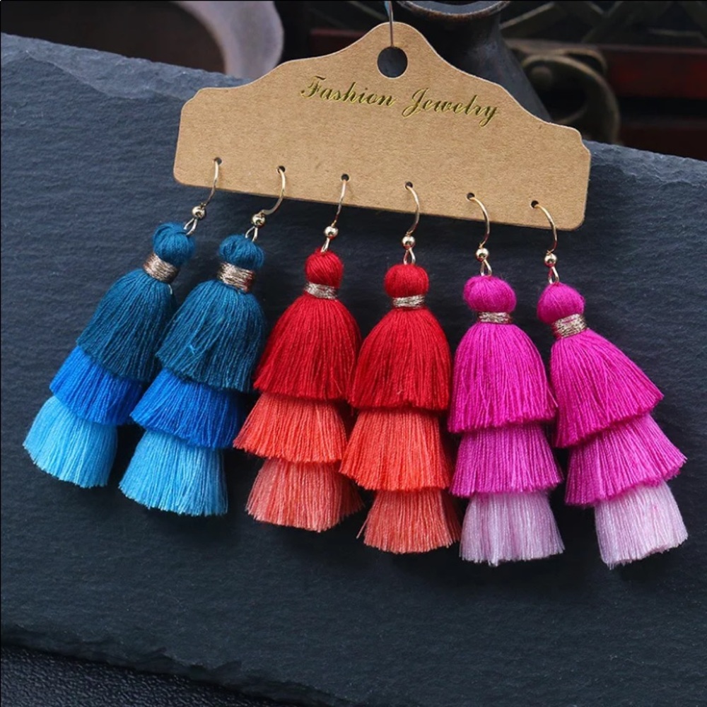 3 pairs of boho earrings tassels dangles